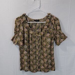 J. Crew Black Floral Ruffle Neck Blouse with Pink & Cream Accents